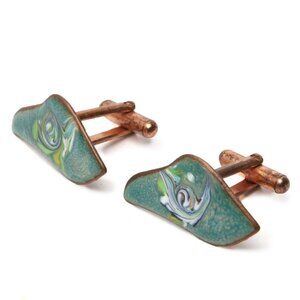 Vintage Copper Plated Enamelled Cuff Links Green Swirl 1963 Marked Casual Party